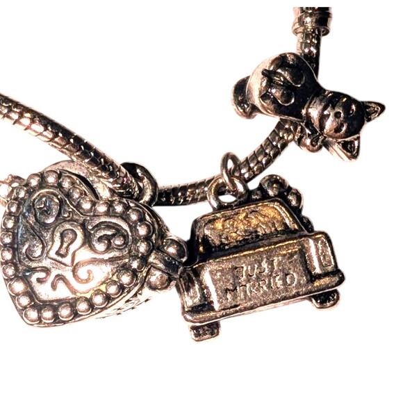 Euro Style Silver Toned Charm Bracelet 16 Charms Wedding Hearts 7.75 in - Picture 3 of 9